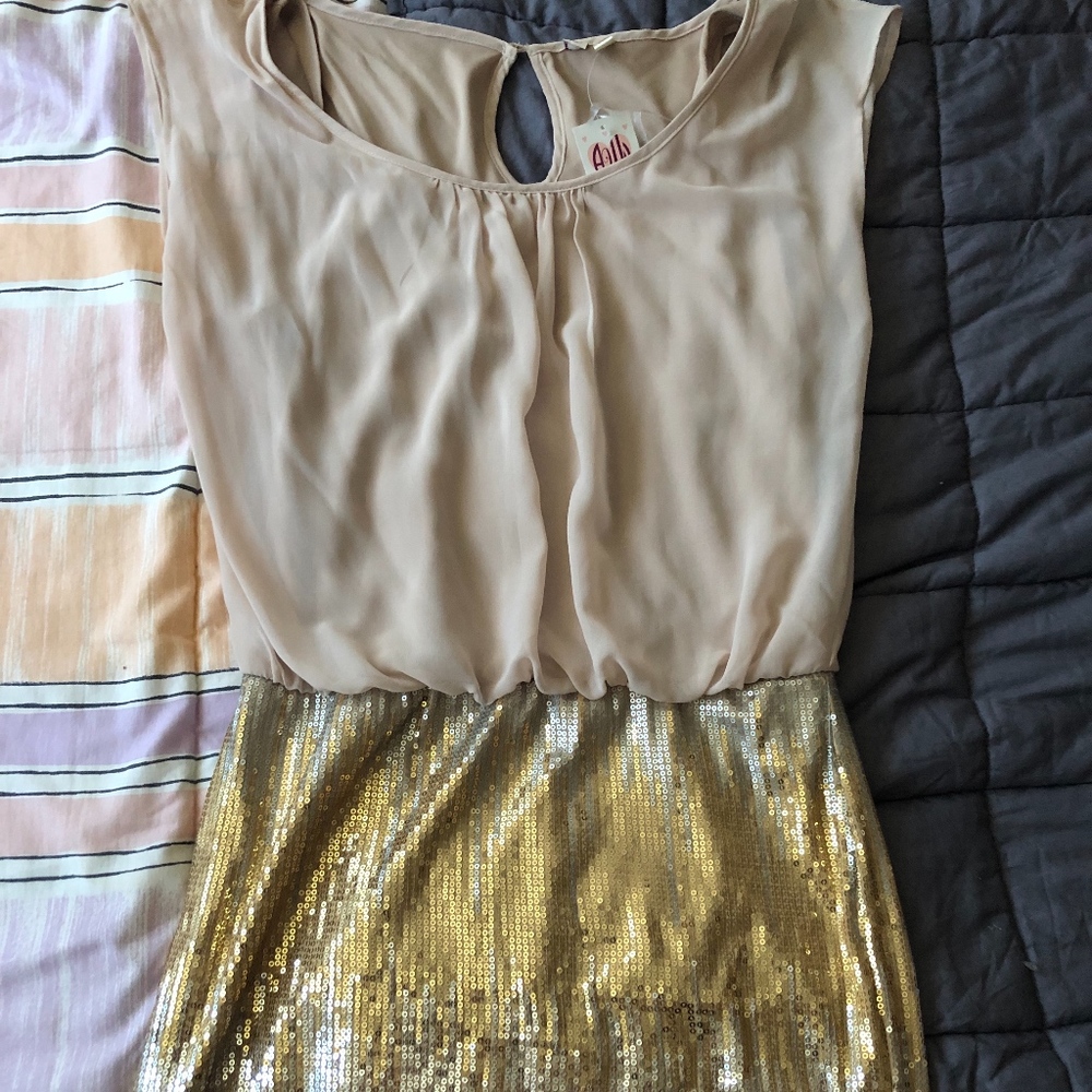 BNWT Women’s Beige Shimmer Gold Sequins Mini Dress
